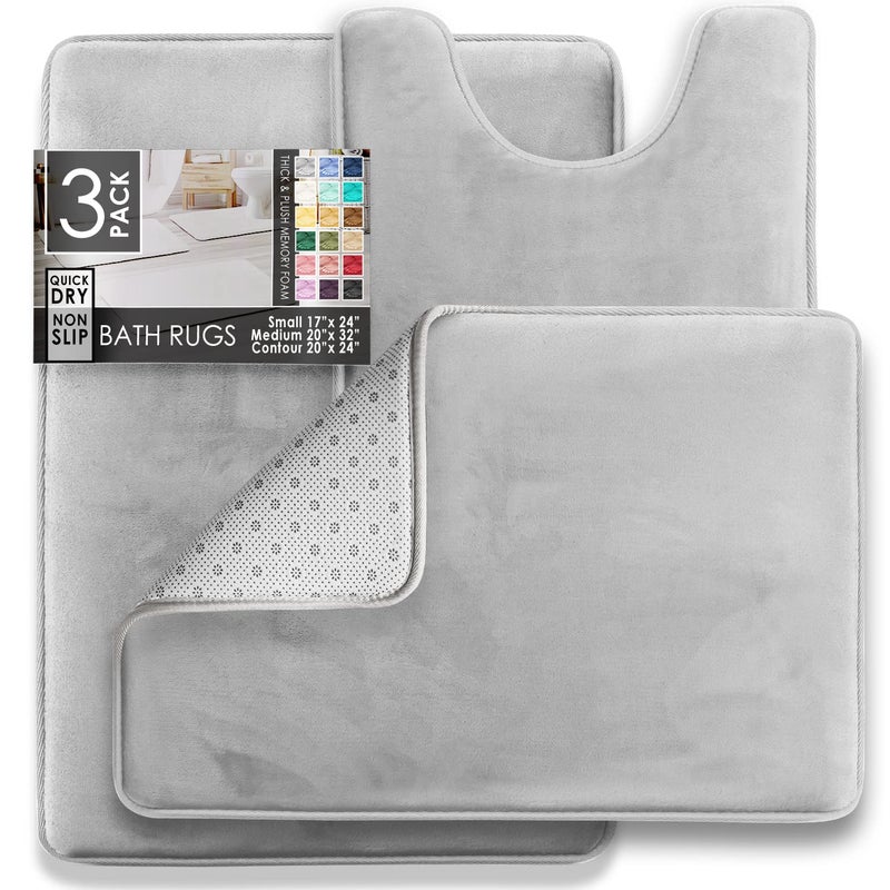 Clara Clark 3 Piece Bathroom Rugs Bath Mat Set, Velvet Memory Foam Bath Mats for Bathroom - Non-Slip, PVC Backing Bath Rugs, Washable - Dries Quickly, Silver - Image 2